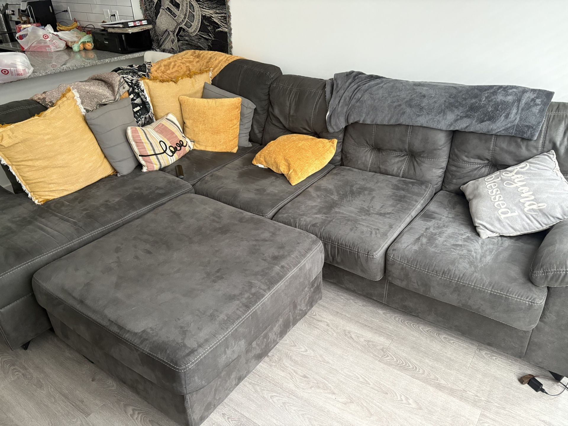3 Piece Grey Sectional With Ottoman