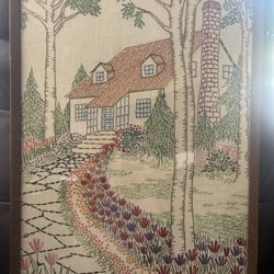 Vintage Needlepoint Crewel MCM Framed 