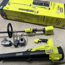 Ryobi ONE+ HP 18V Brushless Cordless Battery String Trimmer and Leaf Blower Combo Kit with 4.0 Ah Battery and Charger