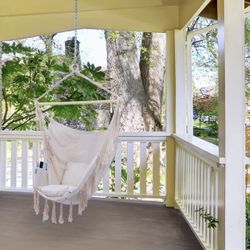 Ohuhu - Silla de columpio con kit de accesorios para colgar, diseño de columpio con 2 cojines de asiento, barra de soporte de metal desmontable y bols