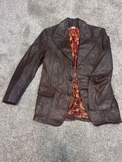 Vintage 1970s Brown Leather Blazer Jacket with Retro Patterned Lining - Size 38