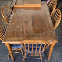 Vintage Wooden Dining Table w/ Chairs, Leaf, Leather Cover