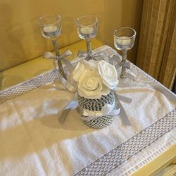 Rhinestone candlestick Set And Rose Decor Silver White 