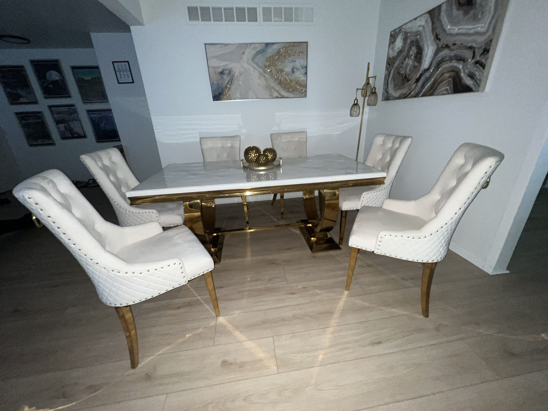 Marble and Gold Dining Table + Chairs
