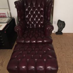 Leather Chesterfield Wing Chair and Ottoman 