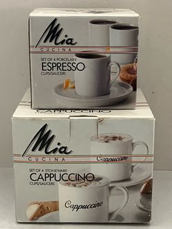 Mia Cucina Espresso Demitasse Cappuccino Porcelain Cups & Saucers Set of 4 Each