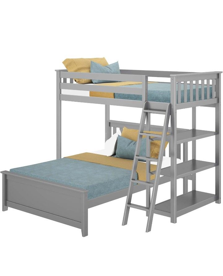 Max & Lily L Shape Twin over Full Bunk Bed with Bookcase, Grey