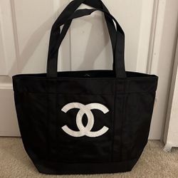 Precision Black Sequin Logo Shopping Tote Bag