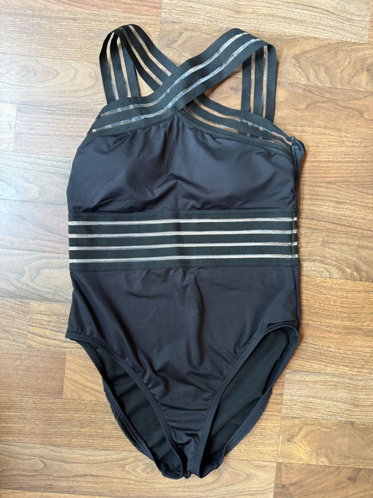 Kenneth Cole Black One Piece MED Cross Neck Illusion Mesh Swimsuit Bathing Suit
