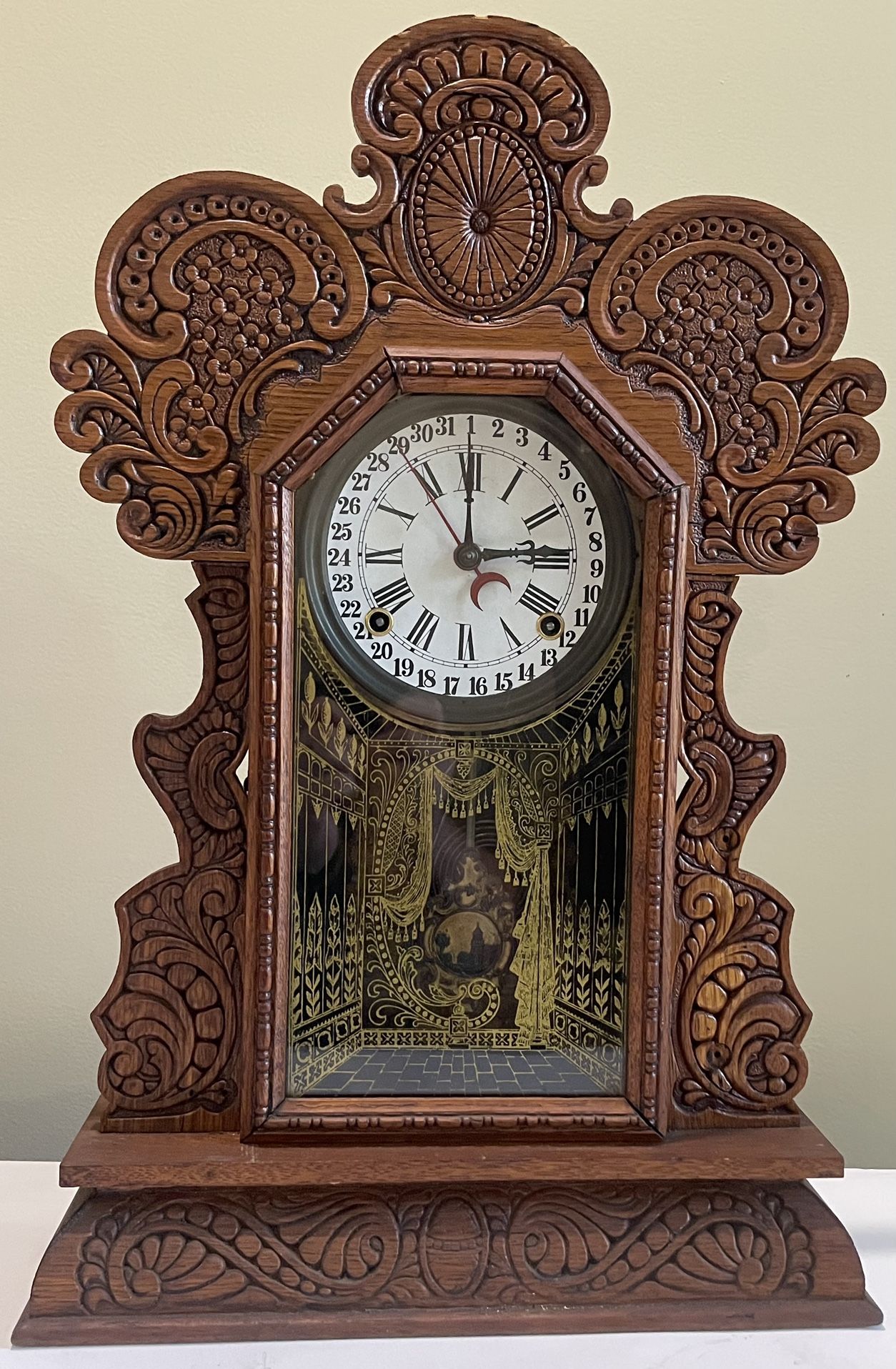 Antique E. Ingraham Gila clock 8 Day Gong Chime Calendar Clock Art Deco Glass