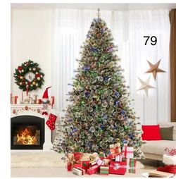 9 FT Artificial Christmas Tree, Pre-lit Hinged flocked Xmas Tree w/ Quick Power Connector, 1714 Branch Tips, 690 Multicolor & Warm White LED Lights, 9