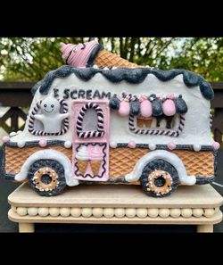Halloween Gingerbread Waffle Cone Ice Cream Truck Ghost Large 11" Light Up Rare Find Pink Black