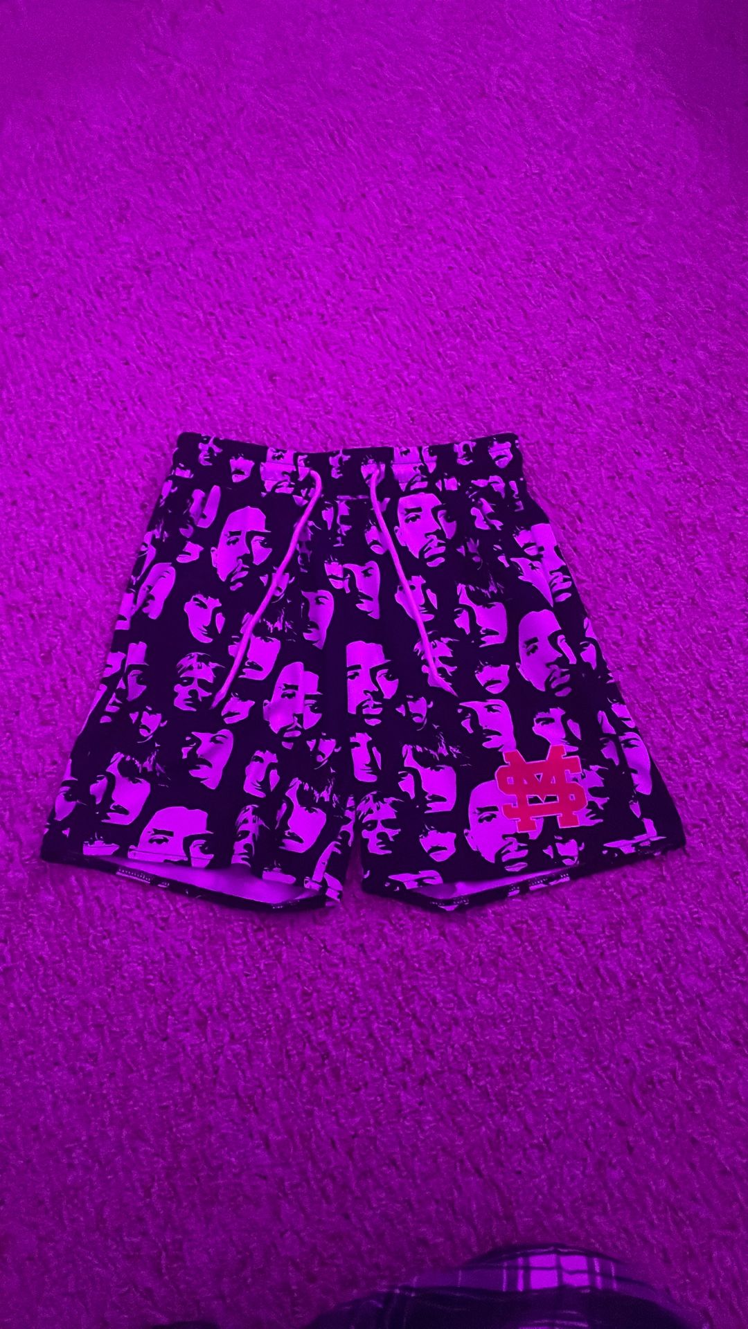 black, white,and red misfit shorts