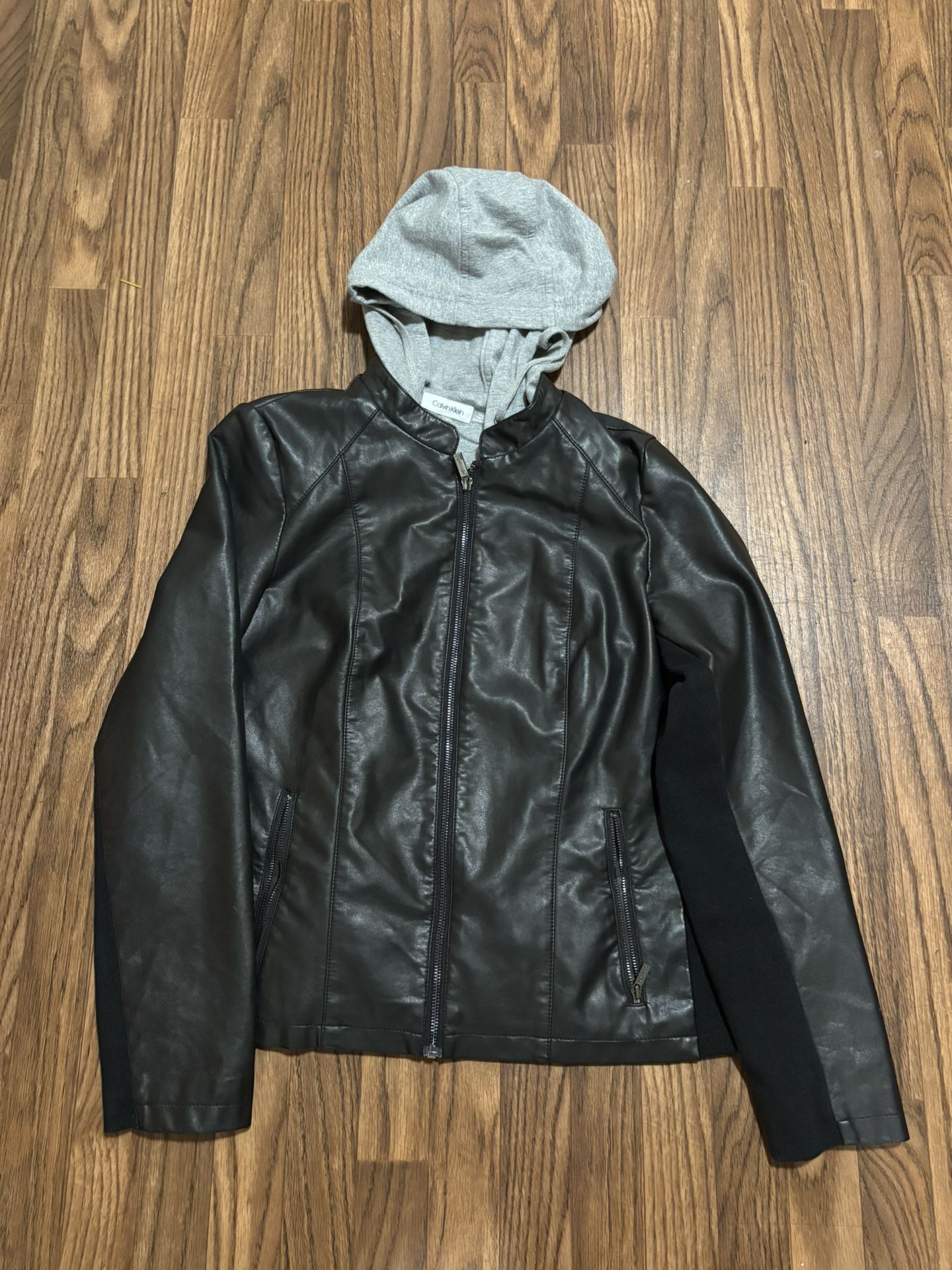 Calvin Klein * Black Faux Leather Vegan Grey Hoodie / Jacket * Size Large