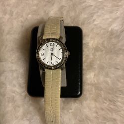 FADED GLORY ladies Watch With Beige Leather Band And Black/clear Rhinestones 