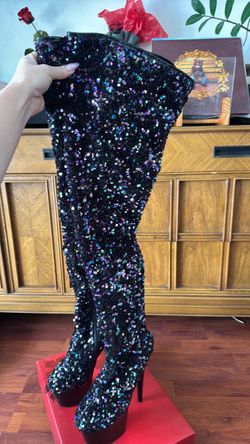 Black Sequin Over-the-Knee Platform Pleasers Boots