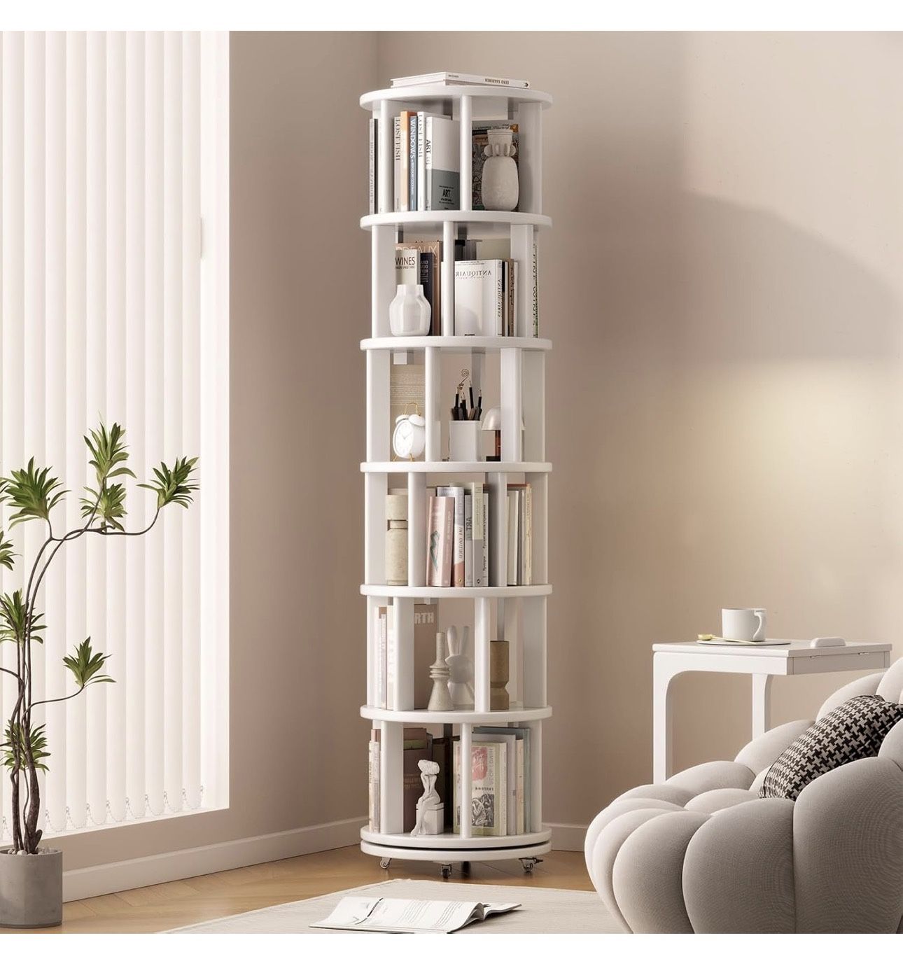 6’5” Solid Wood Rotating Bookshelf - White