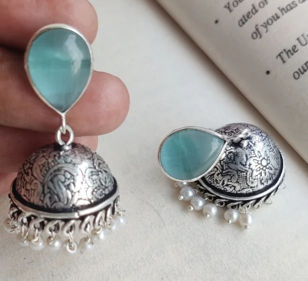 Light Blue Jhumka Small Pearls Brass Earrings