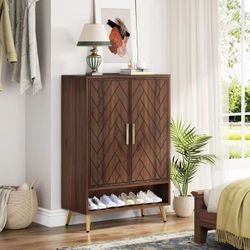 new assembled Walnut Shoe Cabinet with Doors, 6-Tier 24 Pairs Shoe Storage Cabinet for Entryway, Wooden Entryway Shoe Cabinet with Adjustable Shelves 