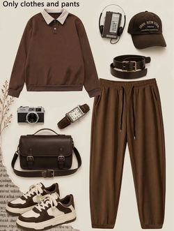 Brown Polo Sweatshirt and Jogger Pants Set