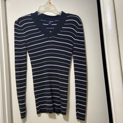 Basic Editions Striped V-Neck Long Sleeve Sweater (Black w/ White Stripes)