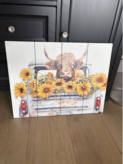 Highland Cow in Truck with Sunflowers