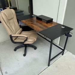 New In Box 55x24x30 Inch Office Computer Desk Witj Khaki PU Leather Chair Combo Furniture Set 