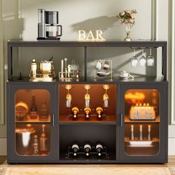 Bar Cabinet with Power Outlets, Liquor Cabinet with Led Lights and Glass Holder, Storage Buffet Cabinet Coffee Bar Cabinet for Liquor, Wine Cabinet wi