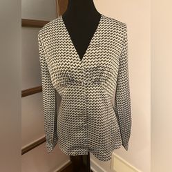 NWT Elegant Black, Steel Blue and Brown Geometric Blouse 