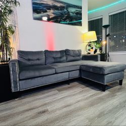 Grey Velvet Sectional Couch w/Ottoman Storage