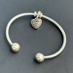 Estate Genuine PANDORA 925 sterling silver Bangle Bracelet & Heart Love You Charm 3mm 7.00”