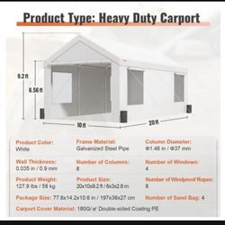 New 10x20ft Carport, Reinforced Steel Poles with Removable Sidewalls and Doors, Roll-Up Windows