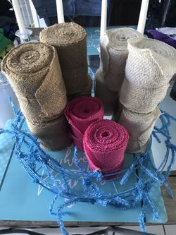 2 wreath frames 4 roll burlap natural 5 rolls burlap white and 2 rolls burlap pink