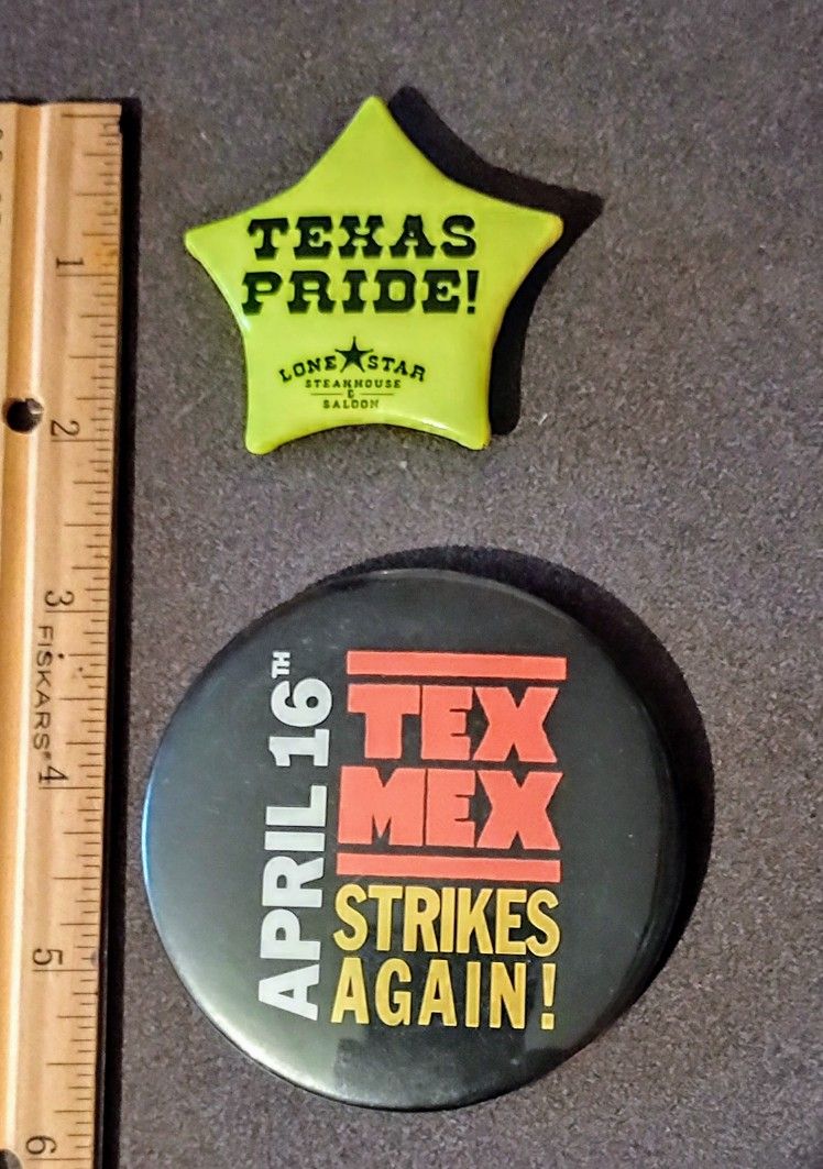 Texas Pride! Lonestar Steakhouse Saloon Tex-Mex Strikes Again Restaurant Collectible Lapel Pin Button Pinback Lot Of 2 A-1