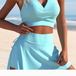 Criss-Cross Side Split Light Blue Bikini Set Size Medium Swim Wear