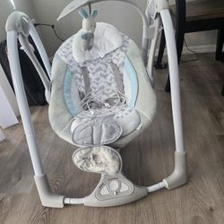 Ingenuity ConvertMe 2-in-1 Compact Portable Automatic Baby Swing & Infant Seat, Battery-Powered Vibrations, Nature Sounds, 0-9 Months 6-20 lbs (Raylan