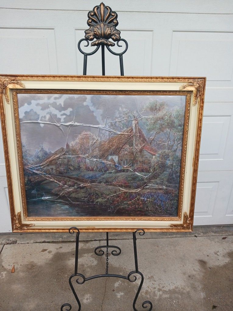 Vintage Carl Valente Signed Village Landscape Of Selworthy Foil Print Decoratively Framed