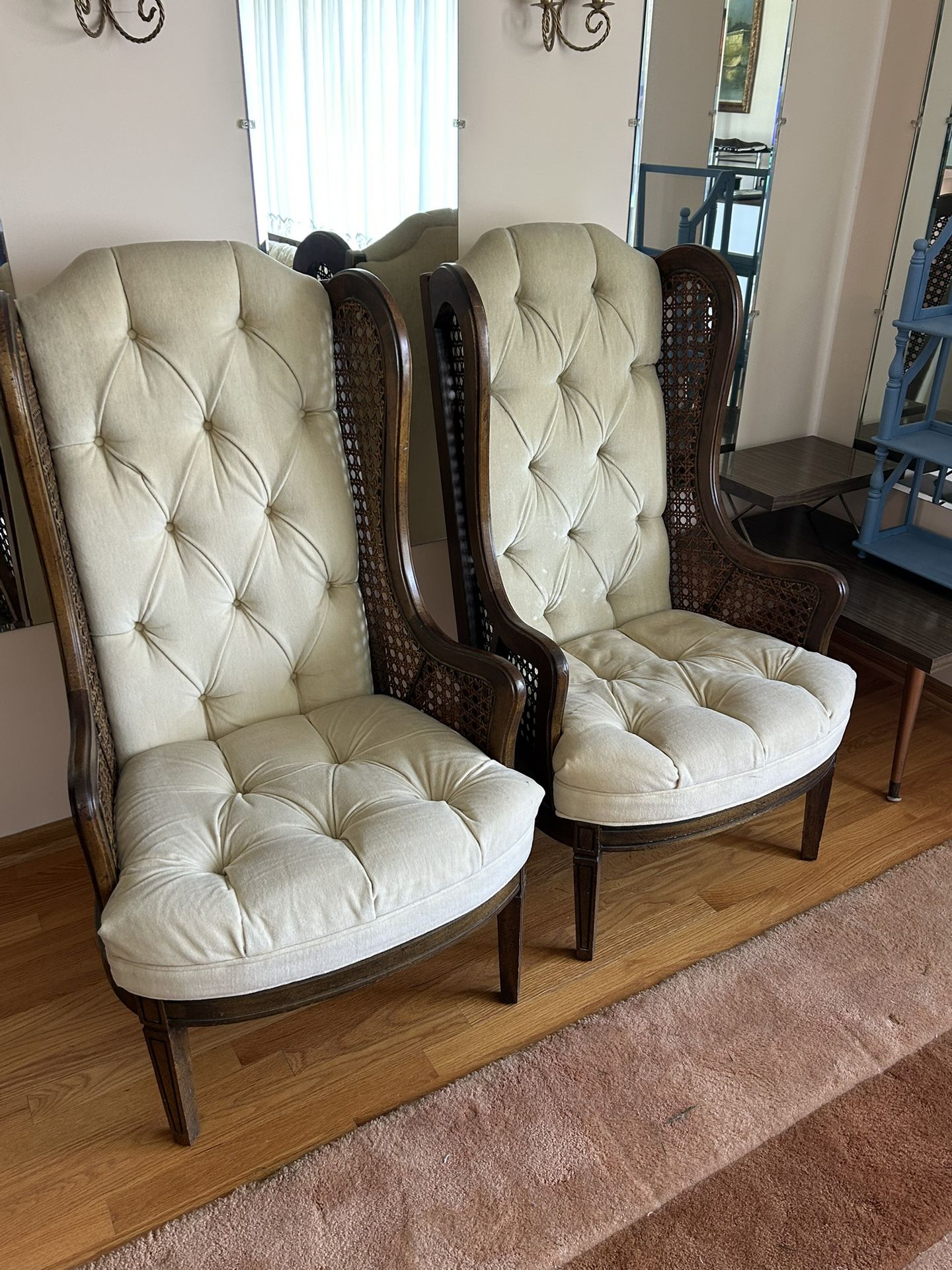 Set of 2 VINTAGE HOLLYWOOD REGENCY CANE WING BACK ARM CHAIRS TUFTED FRENCH MID CENTURY