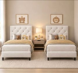 2 PCs Twin Bed Frame with Adjustable and Button Tufted Headboard,White