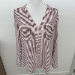 Express Red & White Striped V-Neck Blouse w/ Gold Zipper, L