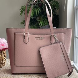 Guess Medford Large Shoulder Tote Bag W/Pouch Dusty Mauve Color Guess Logo NWT