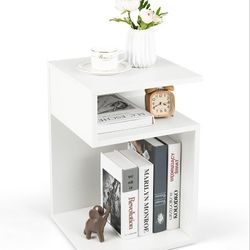 S-Shaped End Table, Sofa Side Table with 2 Open Compartments, Modern Nightstand, Accent Bedside Table for Living Room, Bedroom, Study, Small Space, Wh