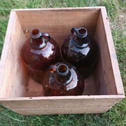 Lot Of 4 Vintage Antique One Gallon Amber Brown Glass Handled Jug Jar