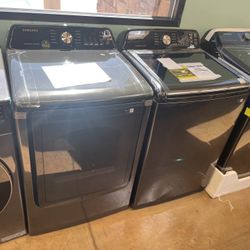 Top loading washing machine and gas dryer set black stainless steel