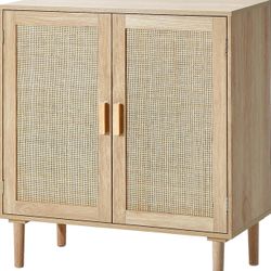Rattan Buffet Cabinet with Storage, 2 Magnetic Doors and Adjustable Shelves, Sideboard for Hallway, Entryway, Living Room, or Kitchen, Natural