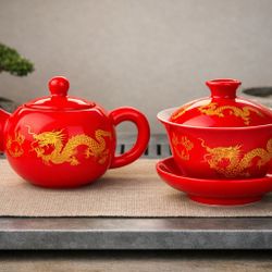  🐲🐉 Red Dragon Tea Set, Teapot +Teacup, Teaware Home Decor, Antique Vintage Collectible