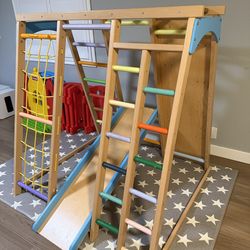 Montessori Wooden Climbing Gym w/ Slide/Swing/Rings – Pikler Style Indoor Playset