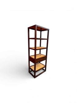 NY: Vintage Dark Wood & Cane Open Shelving with Drawer