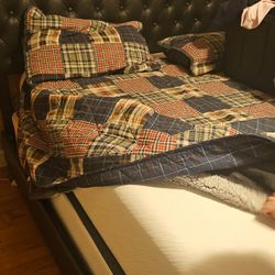 Queen size Real leather headboard and frame with mattress and boox spring basically brand new 