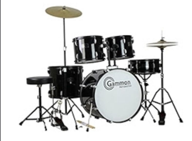 Gammon Percussion 5 Piece Drum Set with Cymbals Stands Stool and Sticks, Black